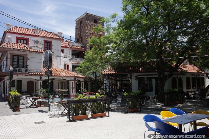 Area with restaurants and shops beside the plaza in La Rioja. (720x480px). Argentina, South America.