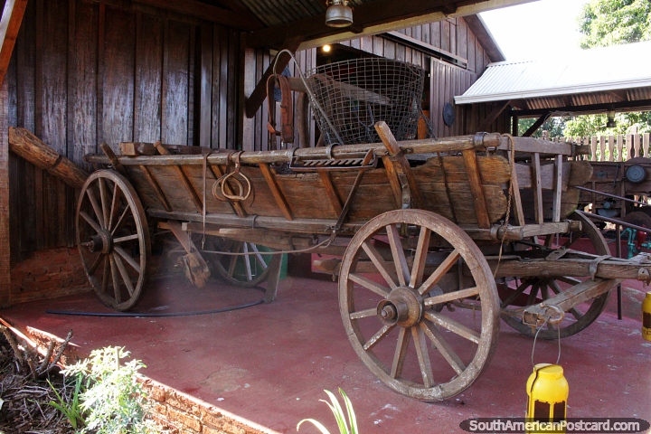 Antique wooden carriage at Los Fundadores Museum in Bella Vista. (720x480px). Paraguay, South America.