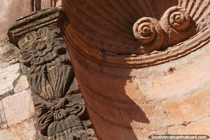 Floral designs and spirals inside a shell at the Jesuit ruins of Jesus de Tavarangue. (720x480px). Paraguay, South America.