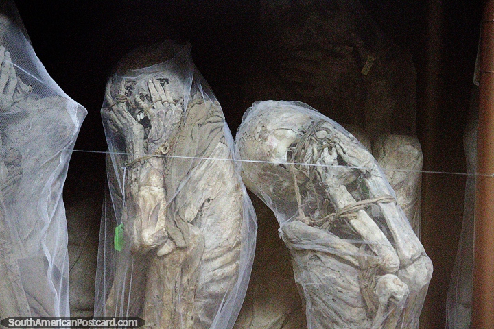 Mummies bundled in painted cloth, the Chachapoya civilization, Leymebamba museum. (720x480px). Peru, South America.