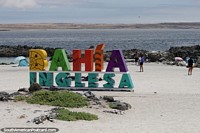 English Bay, 6kms south of Caldera, colored sign on the beach.