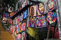 Famous faces and colorful animals painted onto material at Comuna 13, Medellin. Colombia, South America.