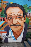 Man and cityscape street art in Comuna 13, Medellin. Colombia, South America.