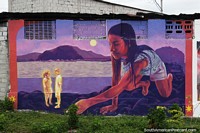 Girl on the rocks at sunset, 2 people glow in the light, street mural in Honda.