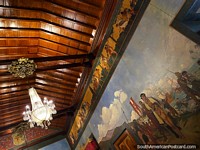 Chandelier and wooden roof of the Simon Bolivar Birthplace House in Caracas.